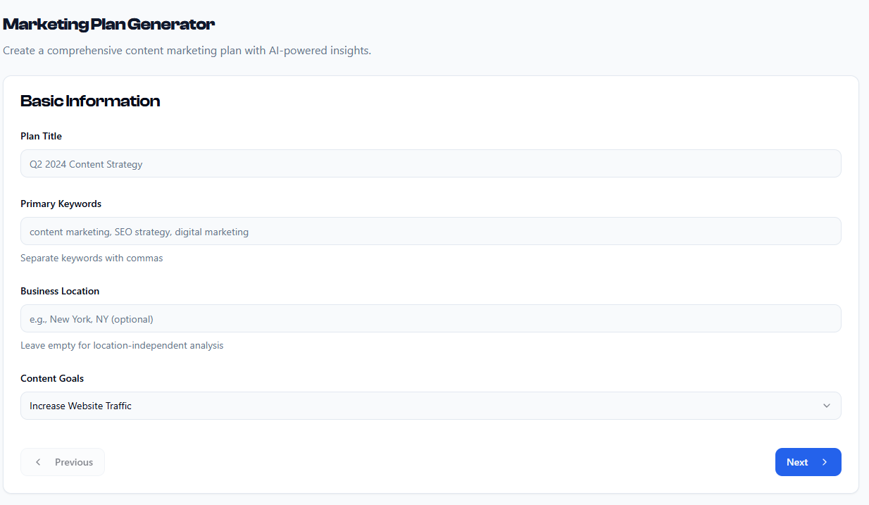 Marketing Plan Generator interface