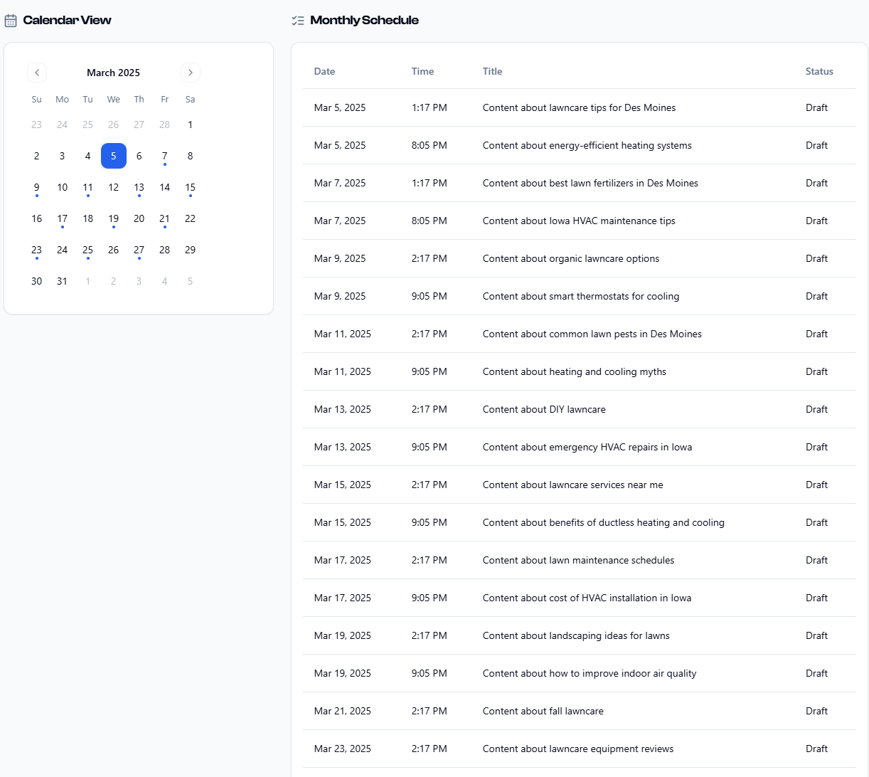 Calendar View for Content Scheduling